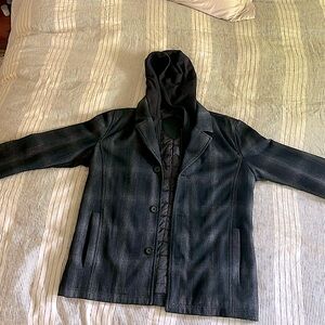 Black Rivet Pea Coat. NWOT. Black, Grey and Plaid